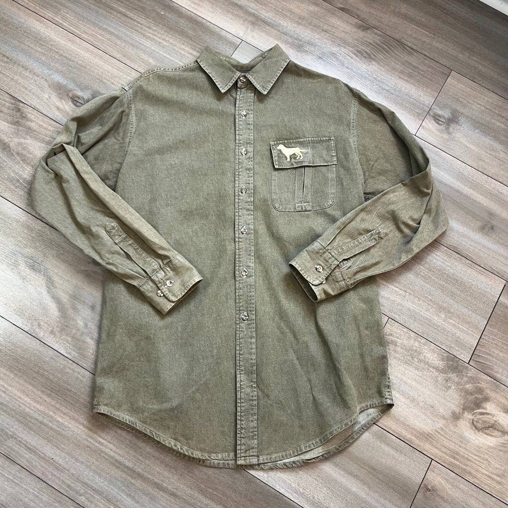 Orvis Mens Olive Green Long Sleeve Button Down Shirt Dog Logo Size M O-0